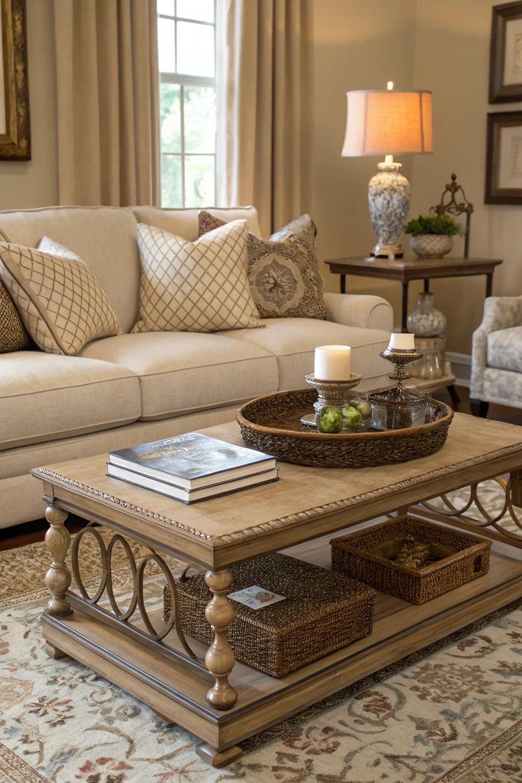 A striking coffee table complements a beige couch in a stylish living room.