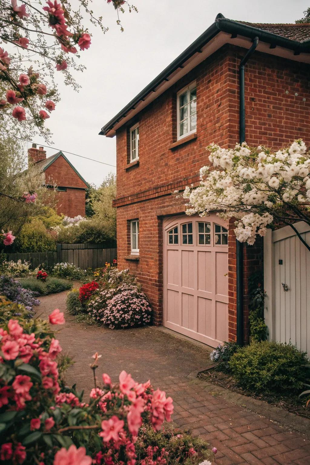 Muted pink garage doors make a charming statement on red brick homes.