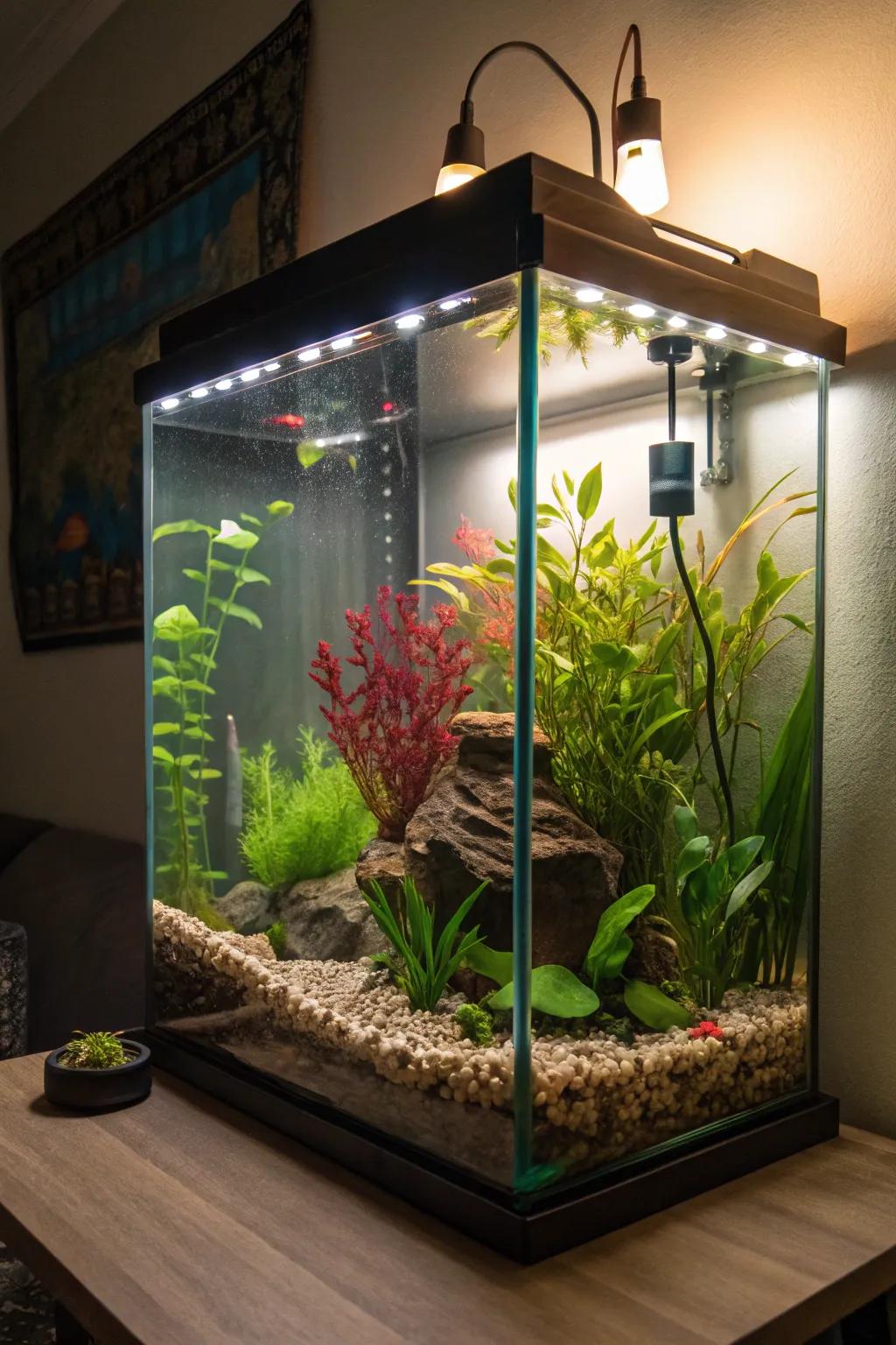 Soft lighting enhances the ambiance of your aquarium.