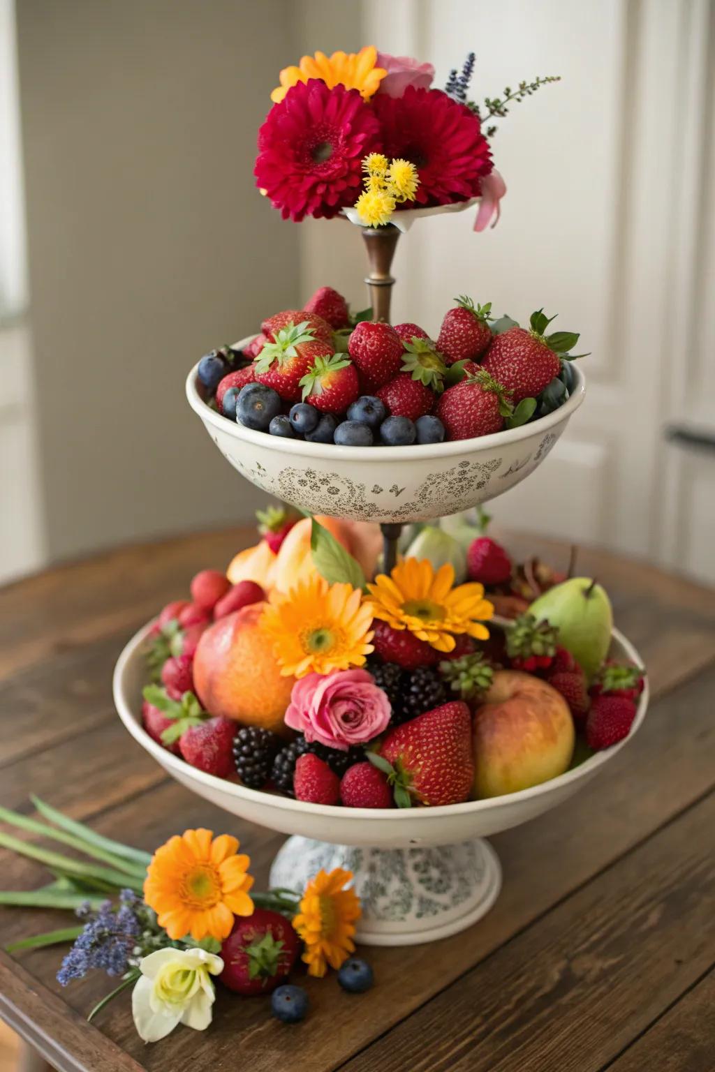 A tiered bowl display adds height and a vibrant pop of color.