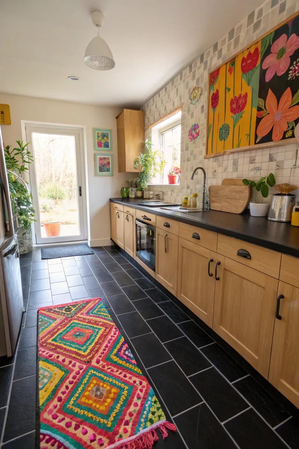 A kitchen where colorful accents enliven the black floor tiles.