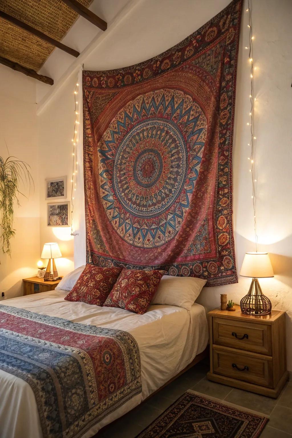 Add warmth with a hanging tapestry.