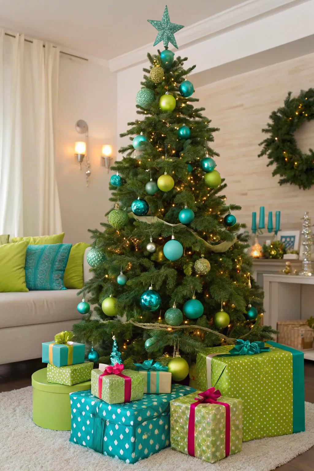 A teal and apple green tree that adds festive flair to your home.