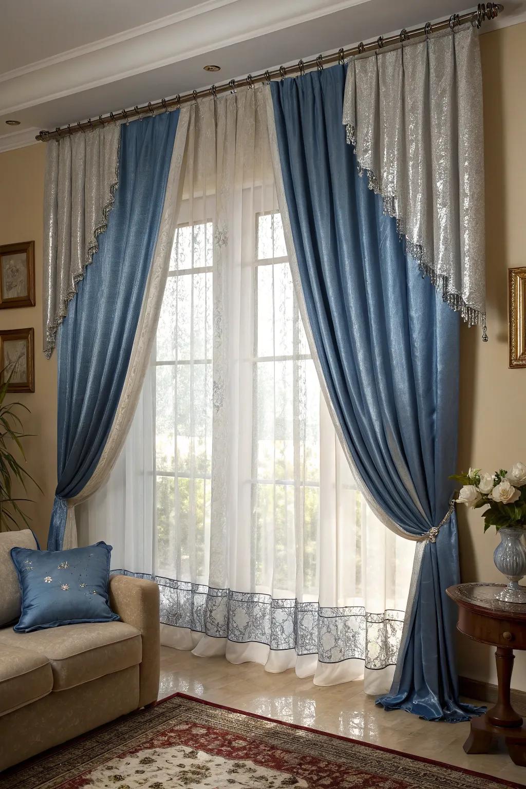 Blue and silver curtains add height and drama to this elegant living room.