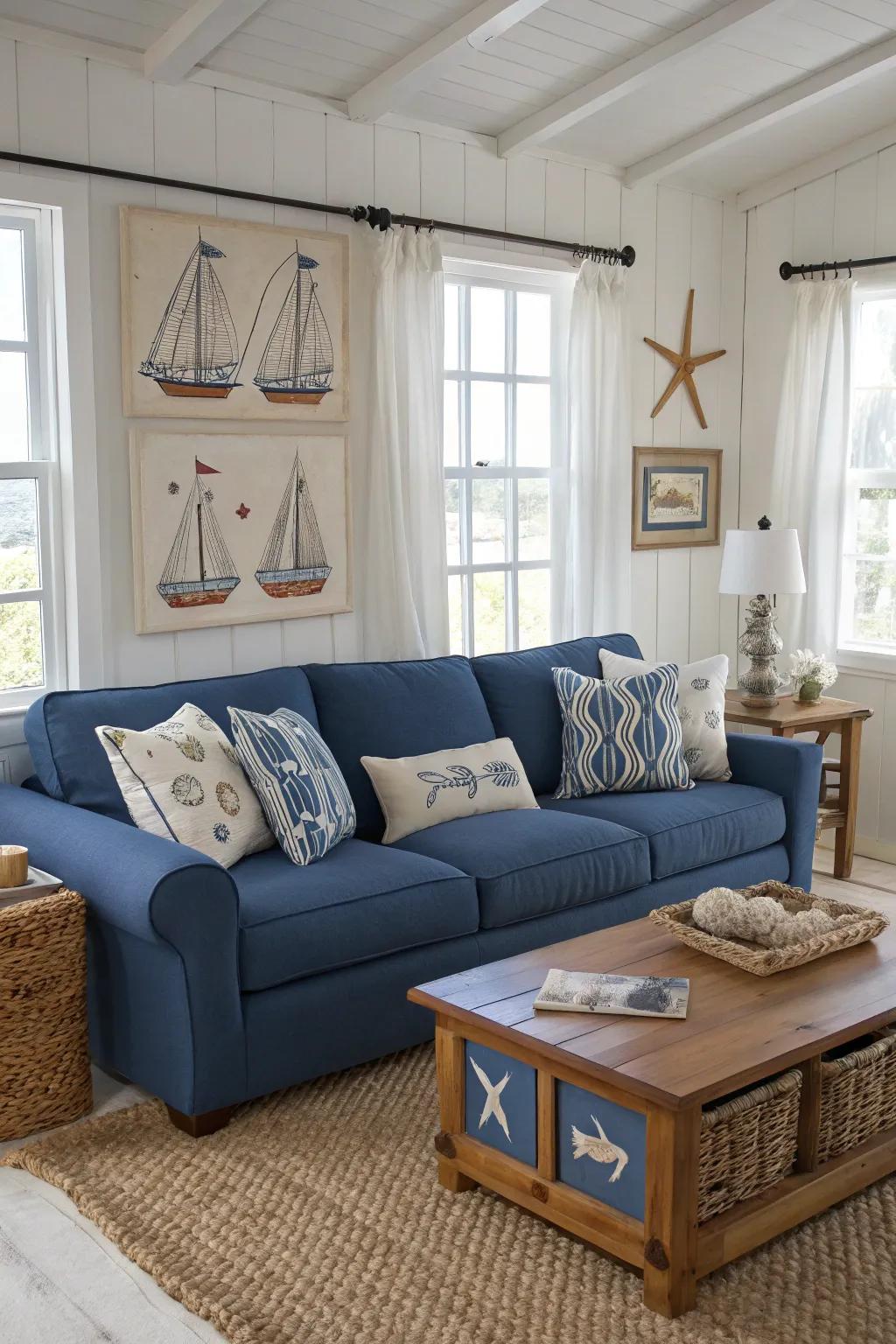 A blue sofa completes a coastal-themed living room.