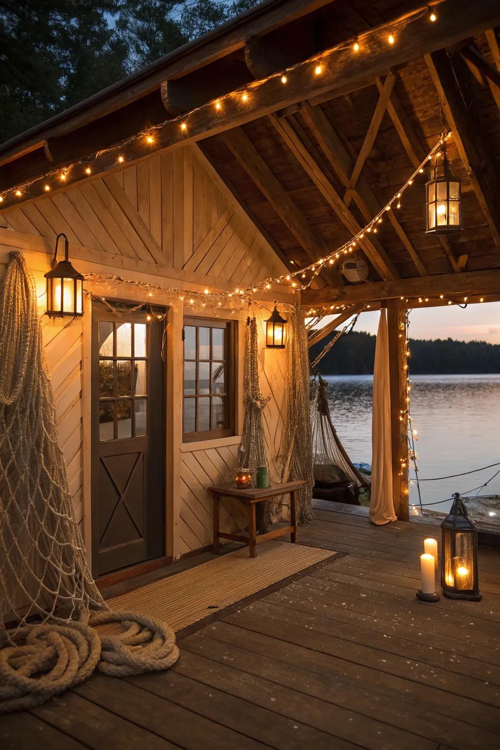 Rope lighting adds a rustic and nautical charm to the boat house.