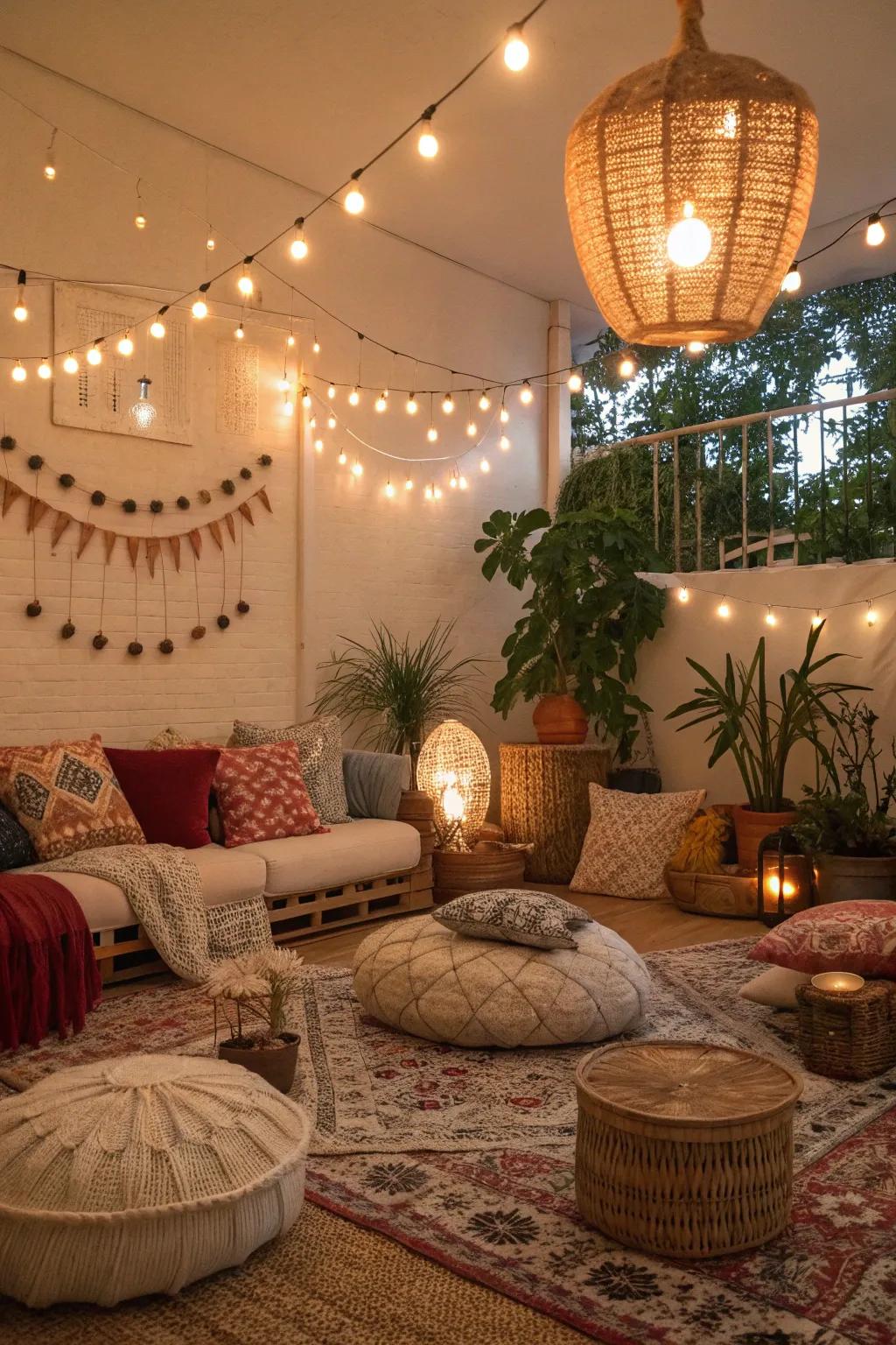 Warm lighting sets the mood in a boho living room.