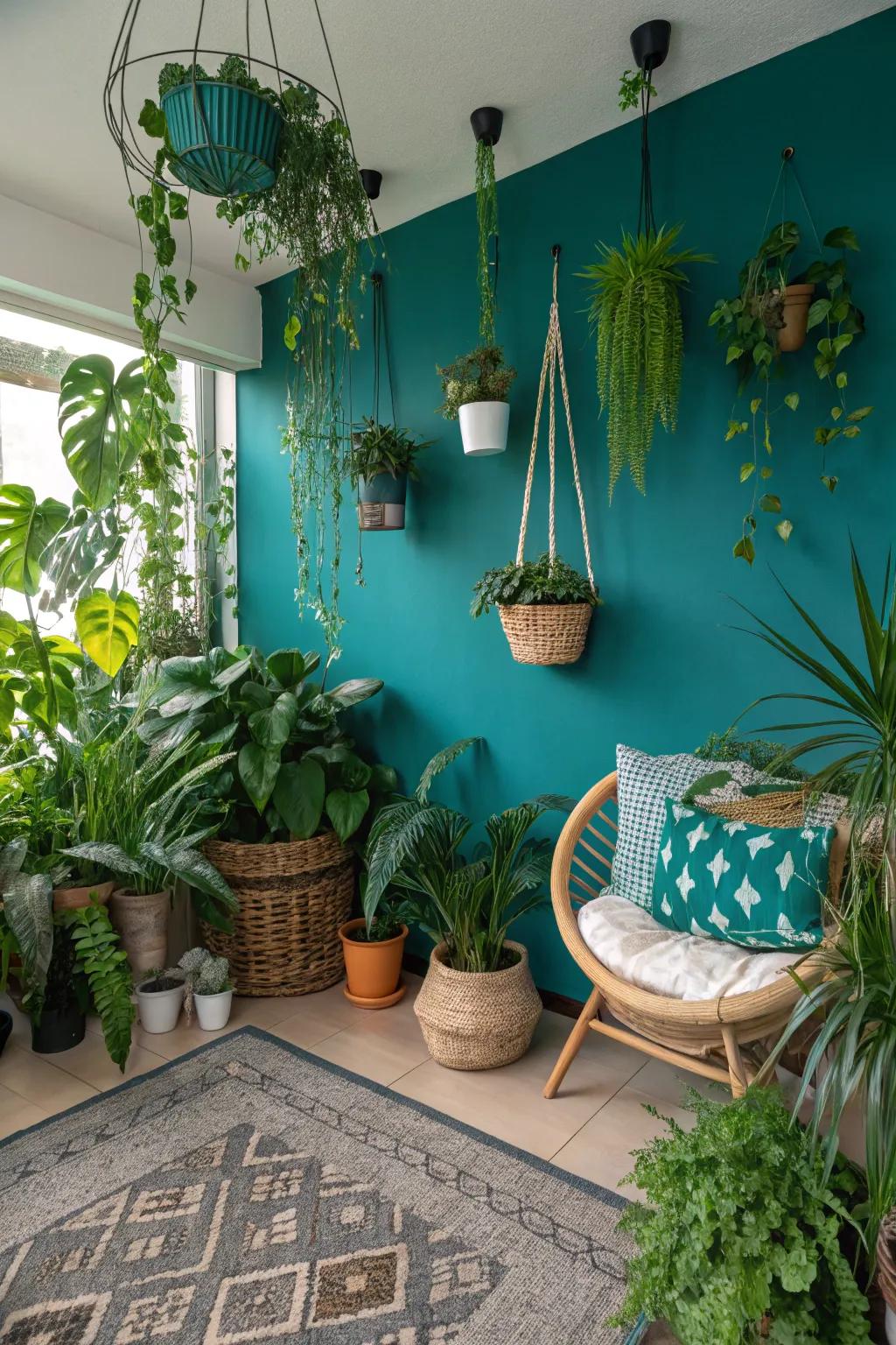 A colorful focal wall adds energy and complements the greenery.