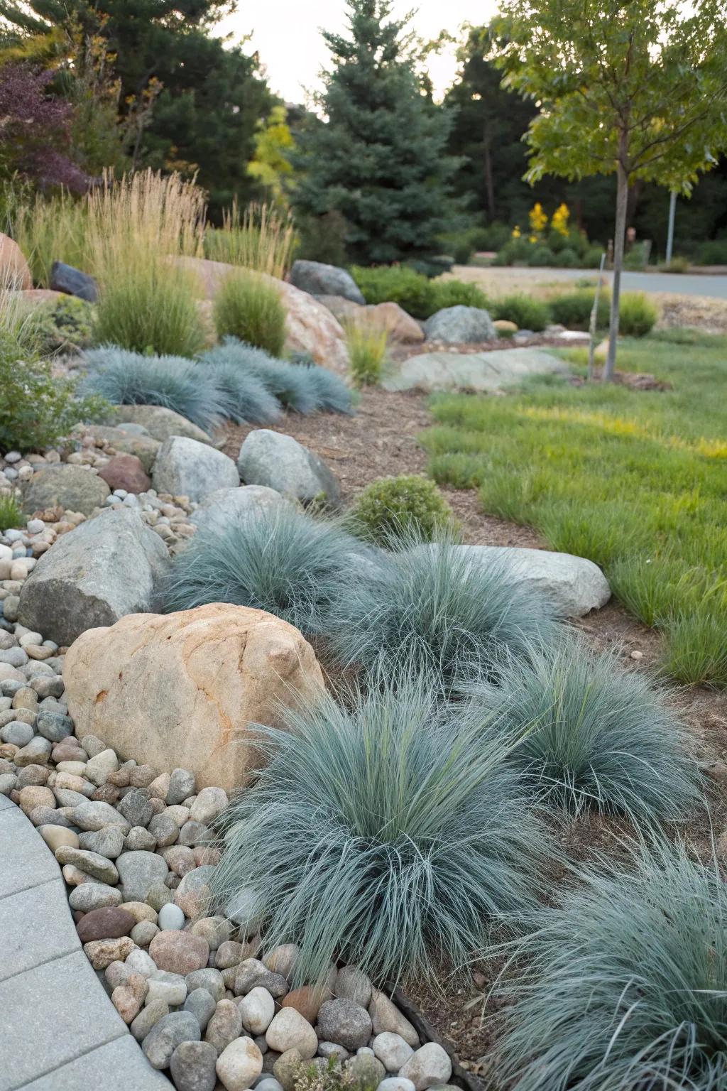 Blue Fescue softens the edges of a rock garden beautifully.