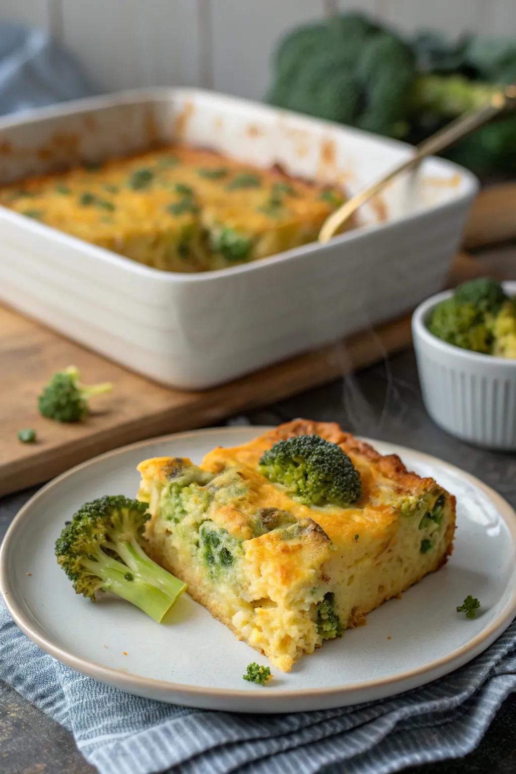 A cheesy broccoli casserole is perfect for a family breakfast.
