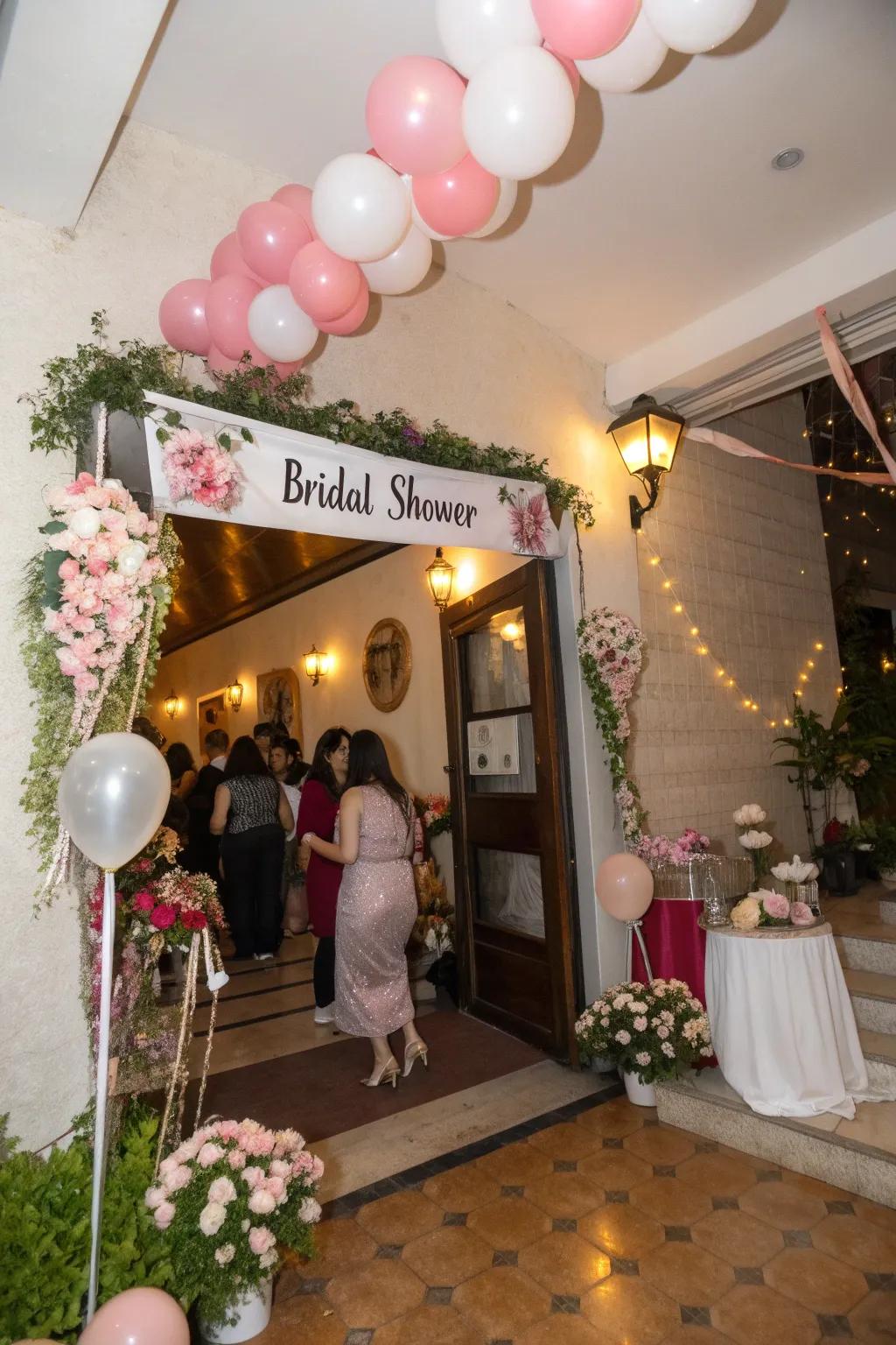 Themed props at the entrance emphasize the bride's personal interests, adding a unique touch.
