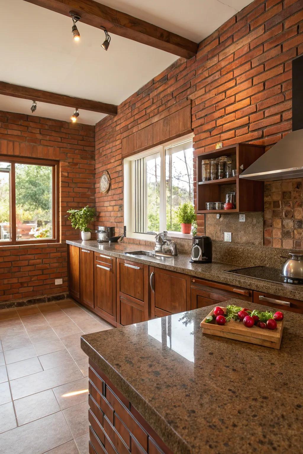 Brick red walls add warmth and rustic charm to the kitchen.