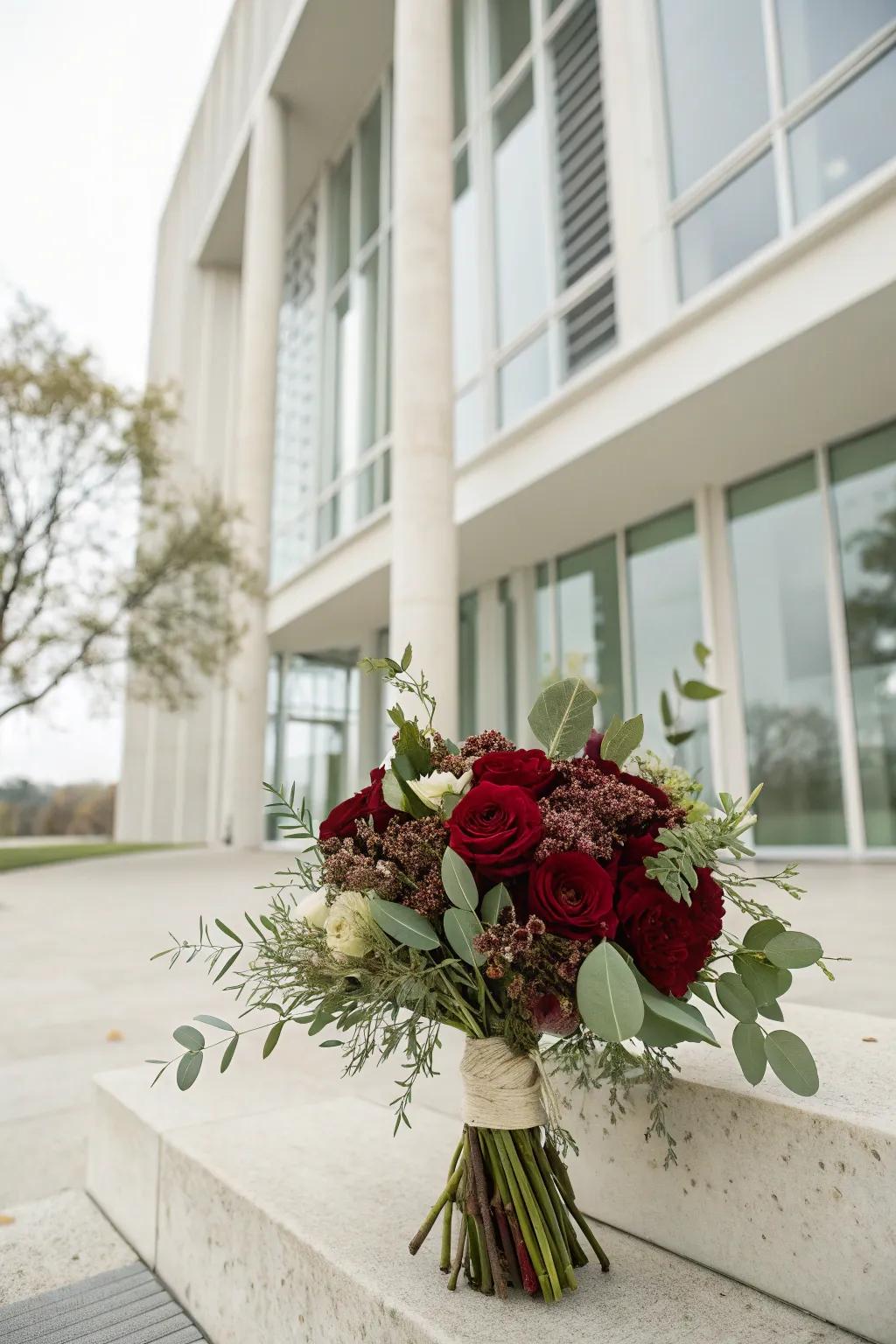 Minimalist deep red flowers with simple verdure.
