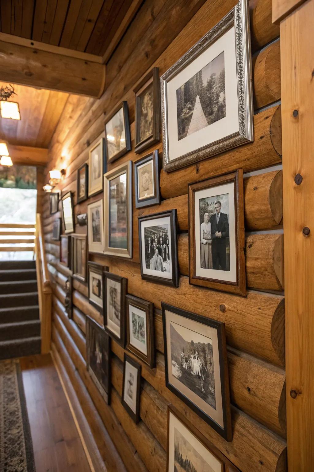 A personal gallery wall with family photos in a cozy cabin.