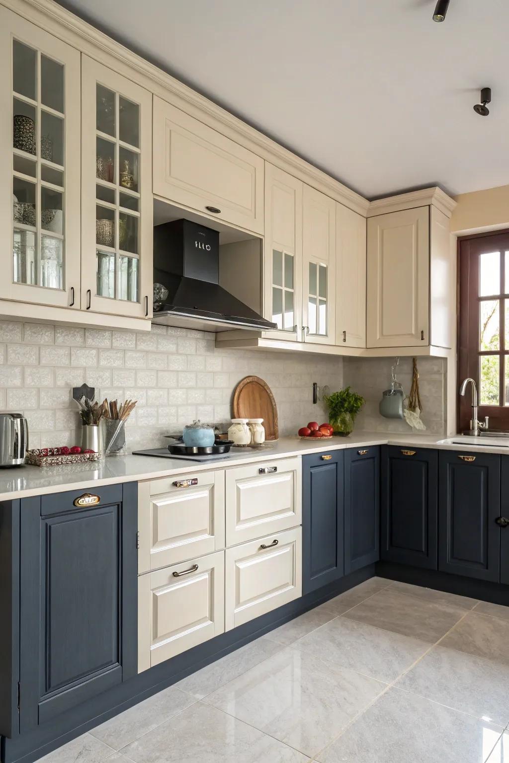 Two-tone cabinets add dynamic visual interest.