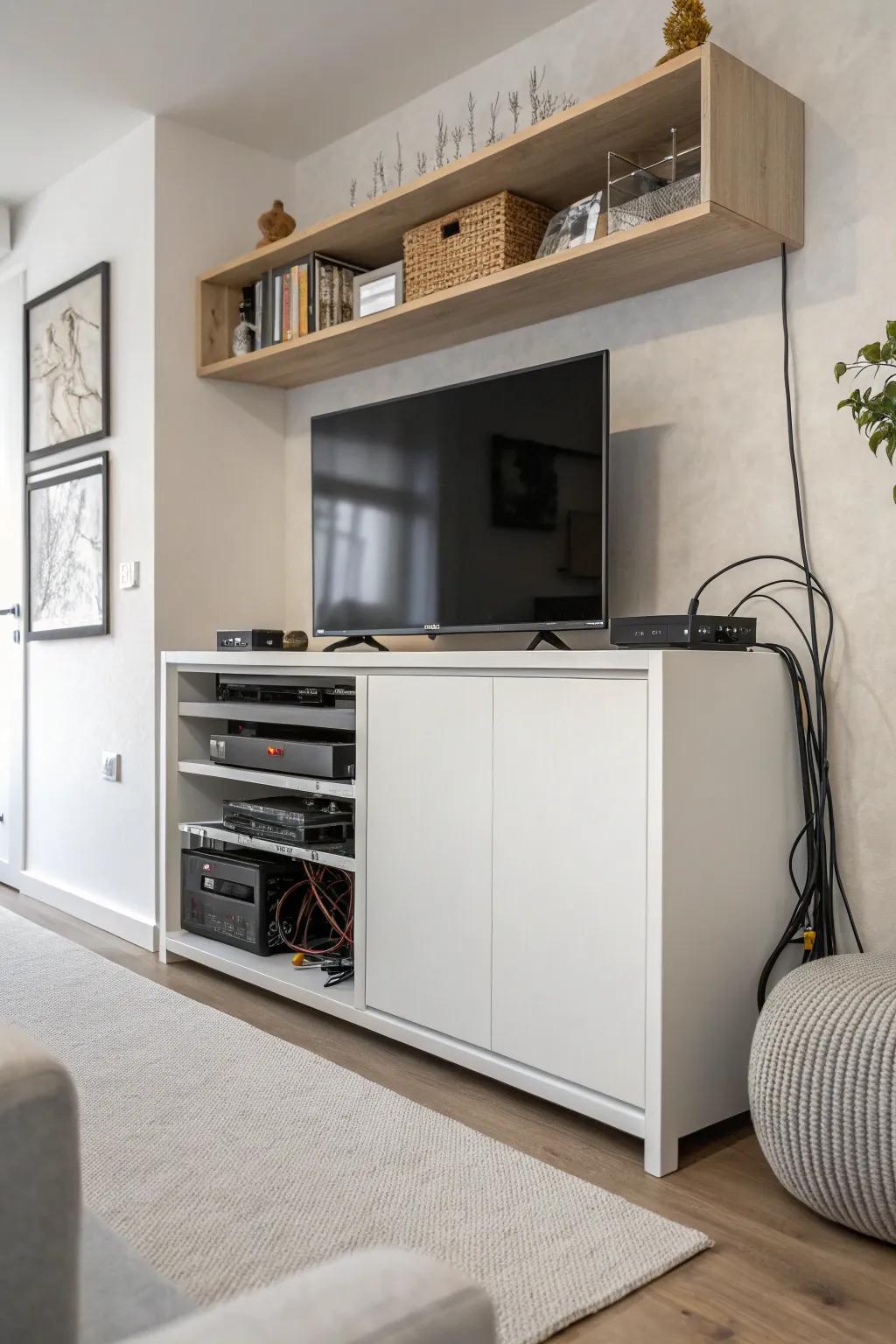 Cabinet keeping cables concealed and organized.