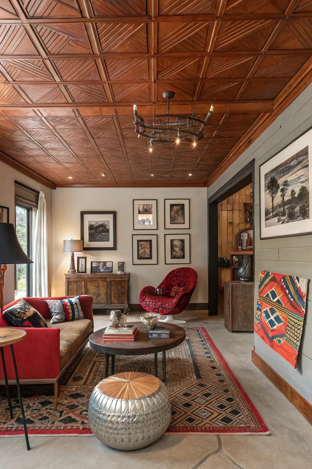 An eclectic room featuring an amber canopy alongside metallic accents, obtaining a singular style.