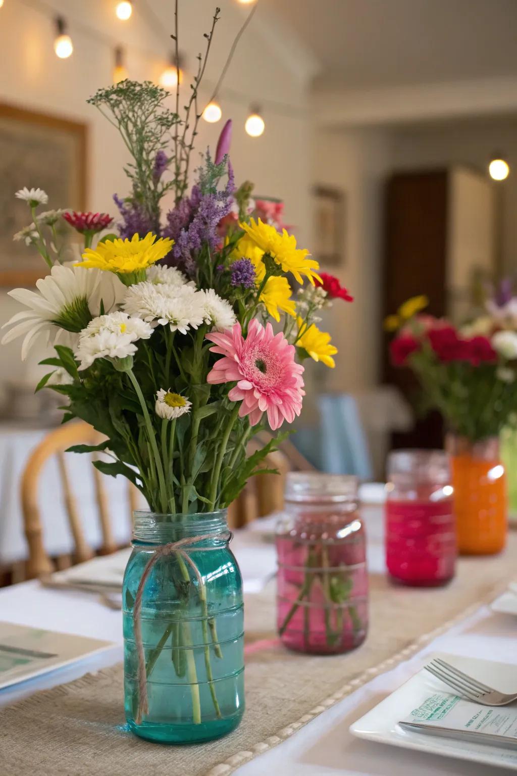 Colorful jars bring a vibrant touch.