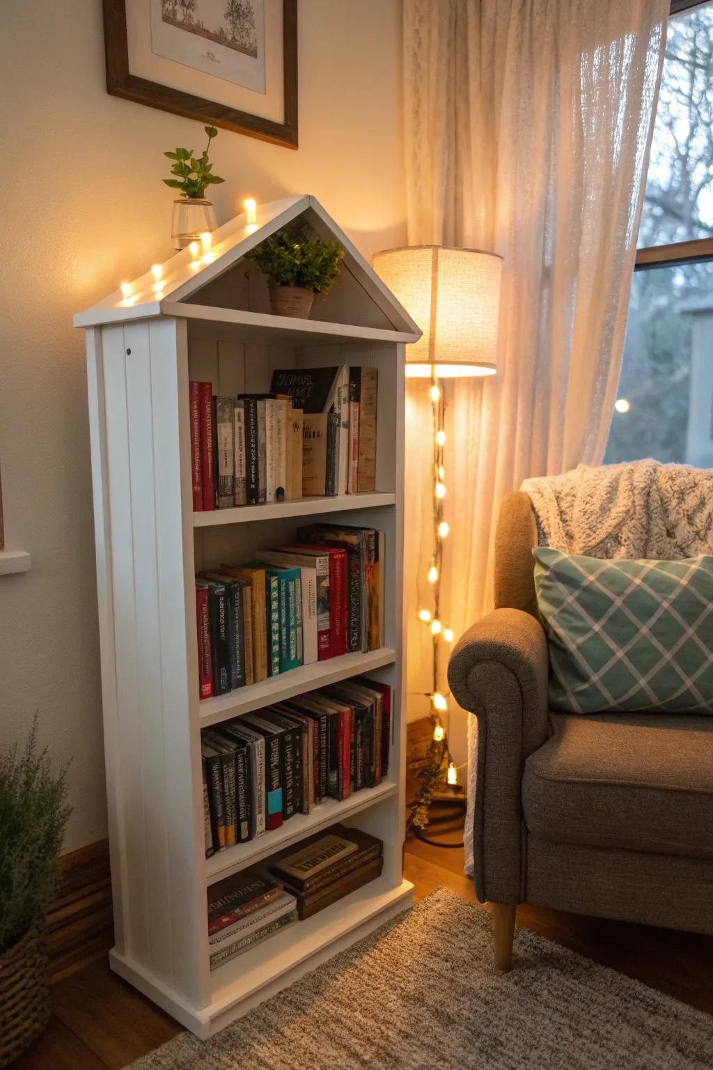 A mini library corner filled with favorite books and decor.