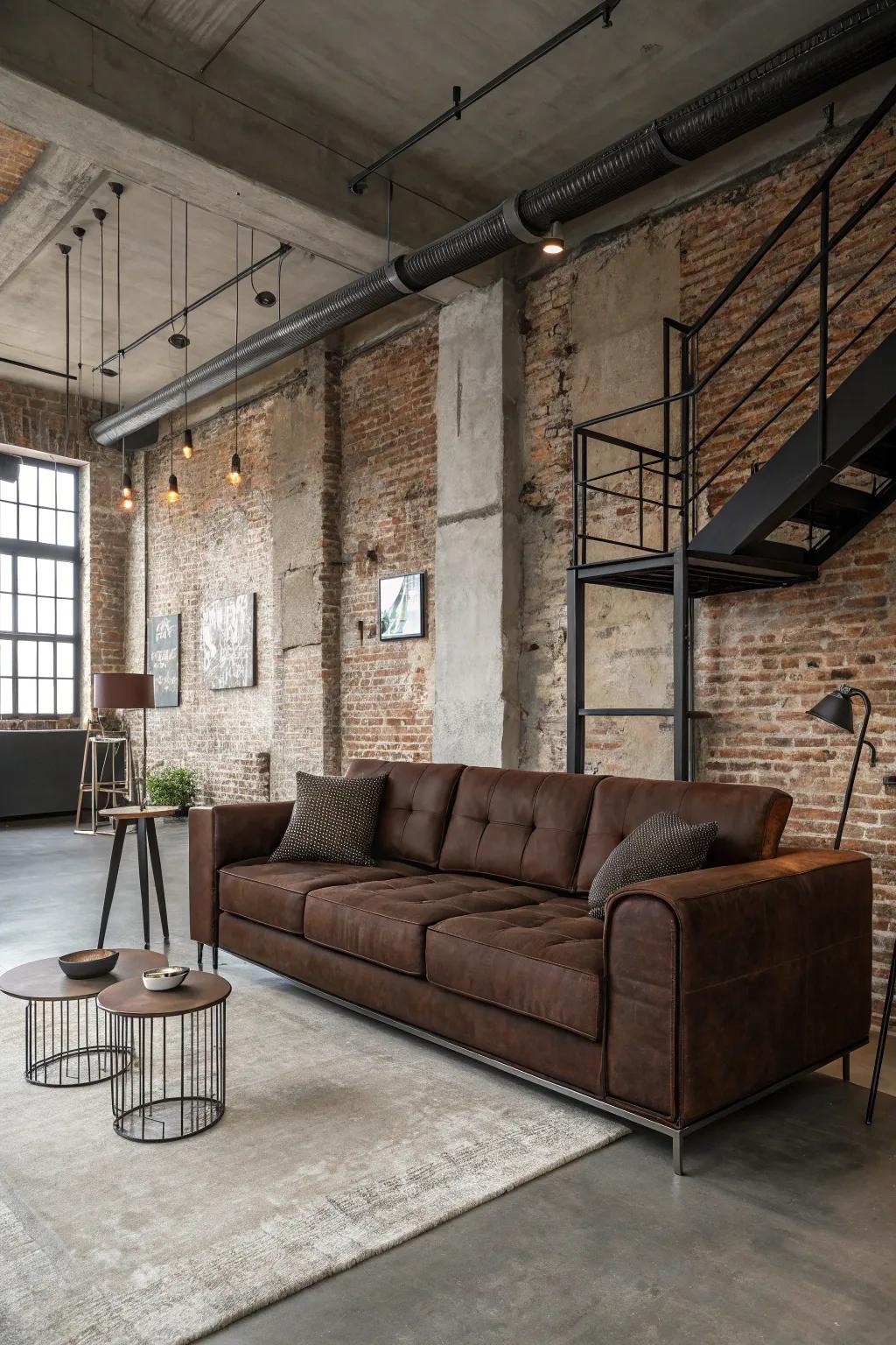 An industrial edge meets chocolate warmth for a stylish contrast.