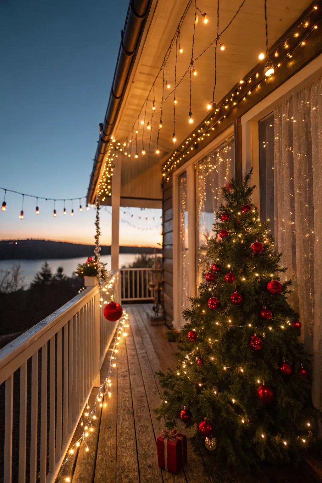 A snug veranda adorned with warm Christmas string lights.