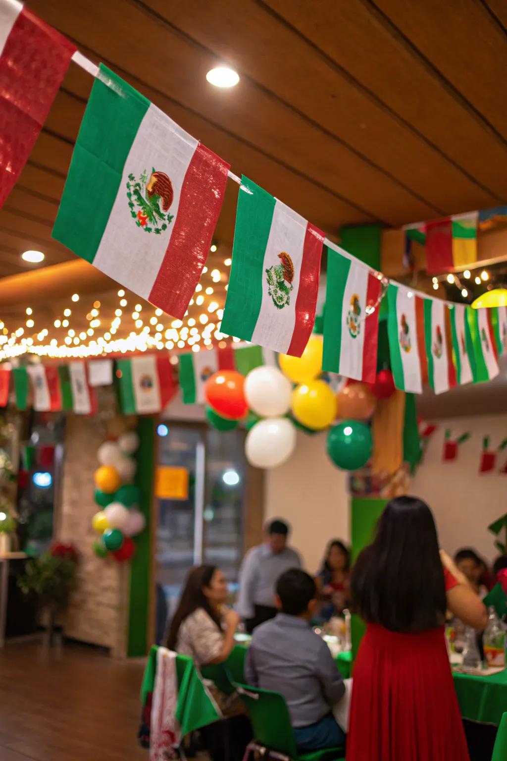 A handcrafted Mexican flag garland adds cultural flair to the decor.