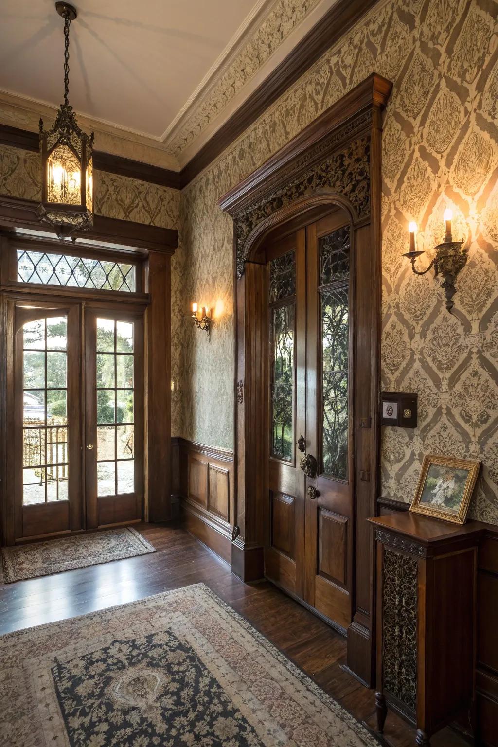 Textured wall coverings add depth to this colonial entryway.