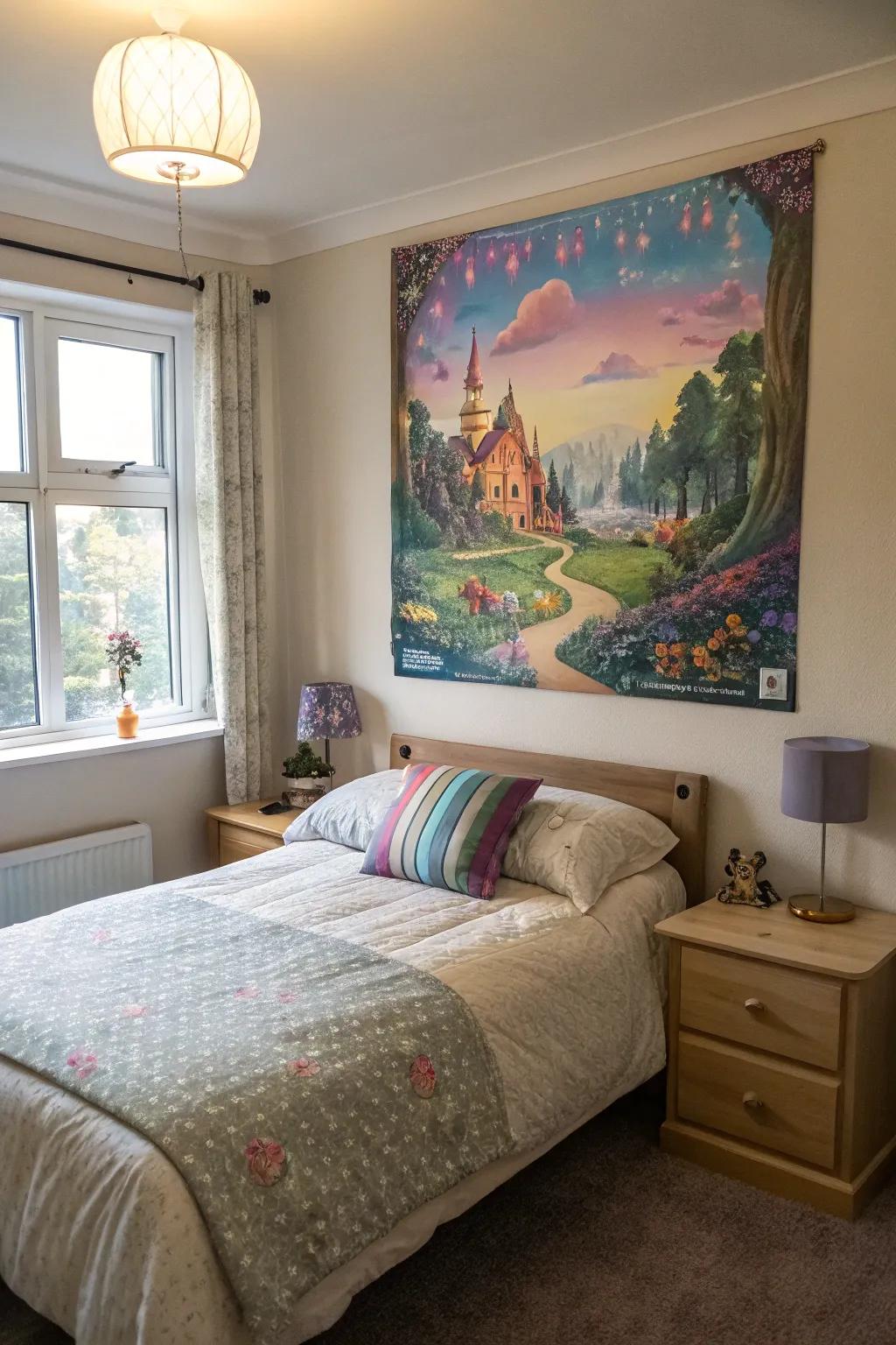 Fantasy landscape poster evoking wonder in a bedroom.