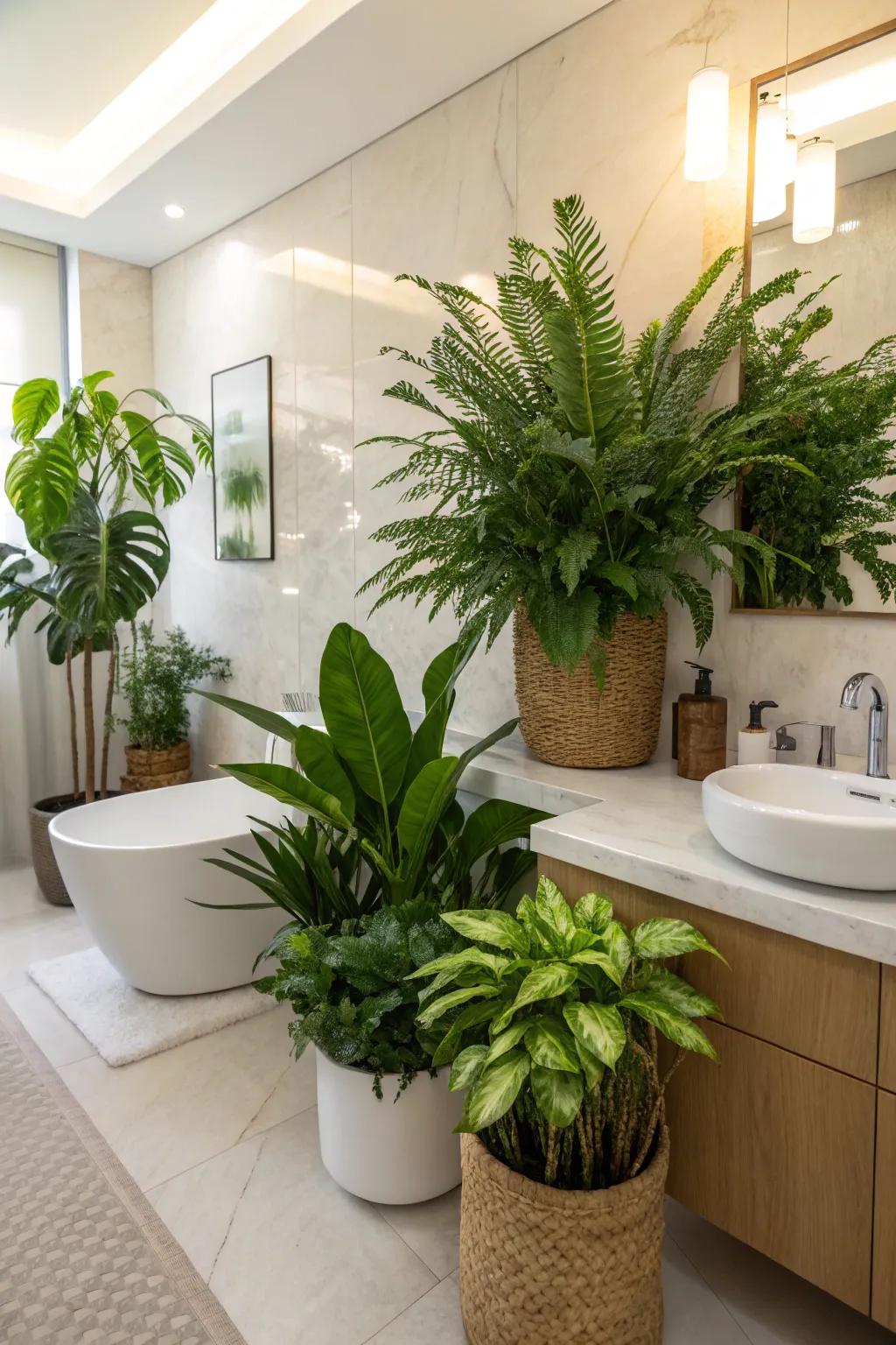 Bathroom with vibrant greenery adding life and freshness.