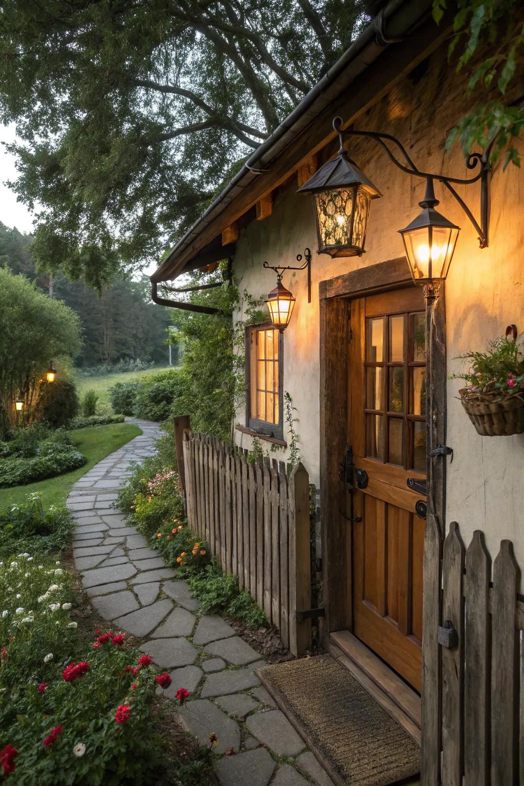 Vintage lighting fixtures add warm charm to a cottage exterior.