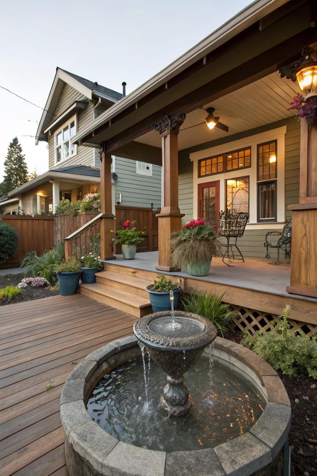 The porch is made more peaceful by the addition of a water feature.