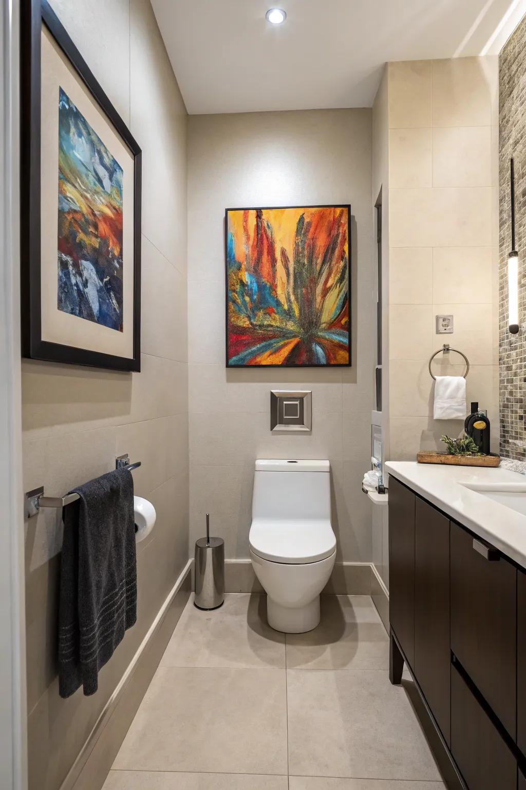 A bathroom with surprising art pieces that amuse and delight.