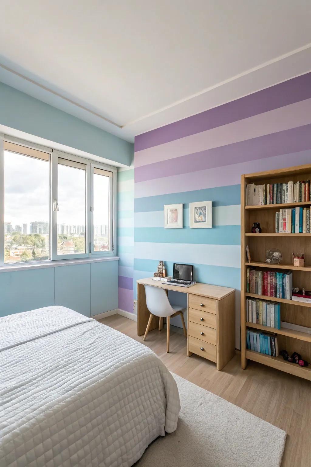 Gradient stripes create a soothing flow in this serene bedroom.