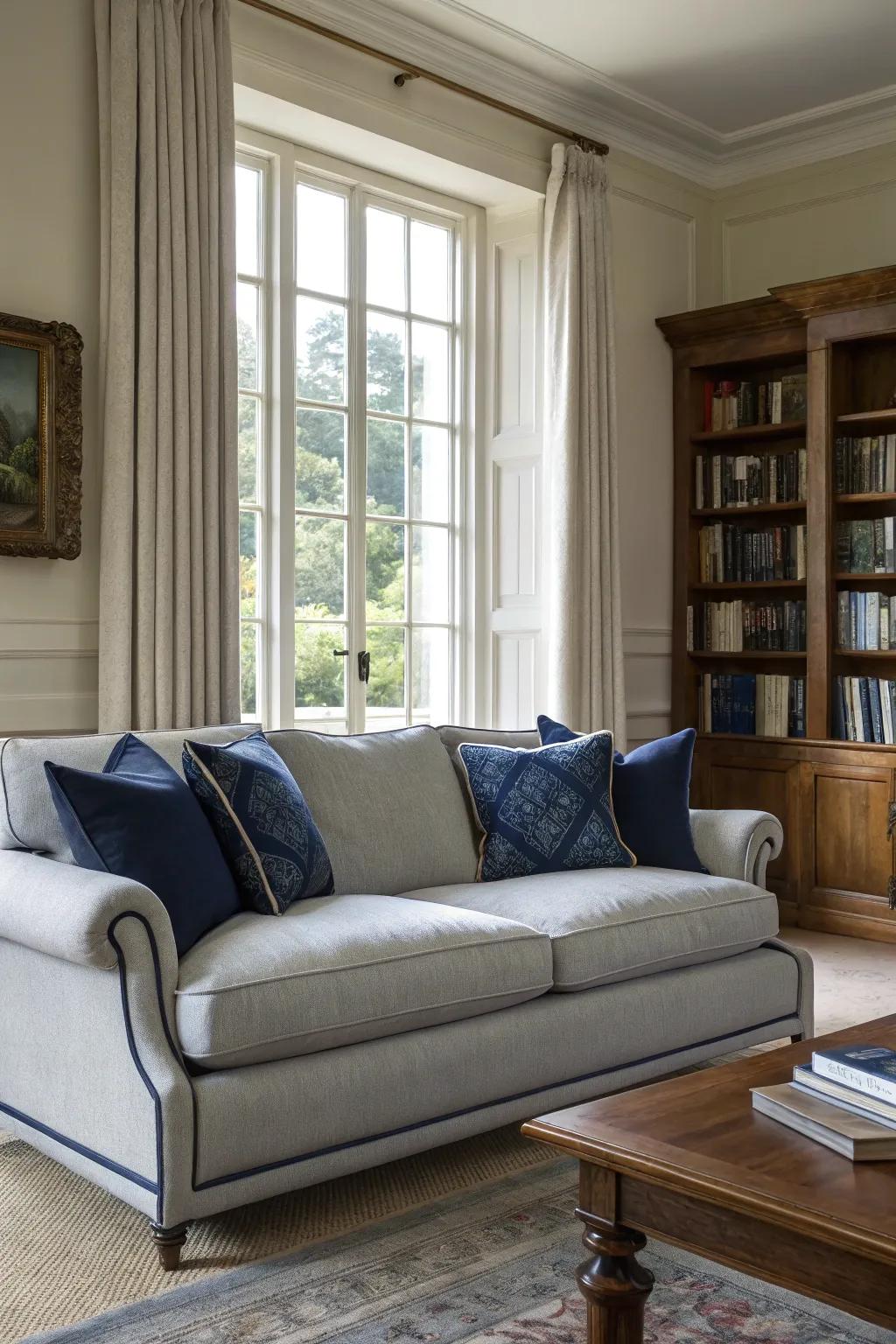 Navy blue cushions enhance a grey sofa with classic elegance.