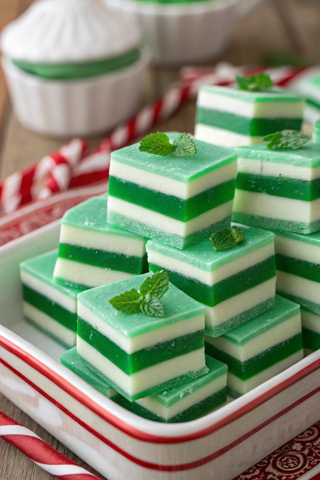 Revitalizing tiered mint sweets that are a visual and taste delight.