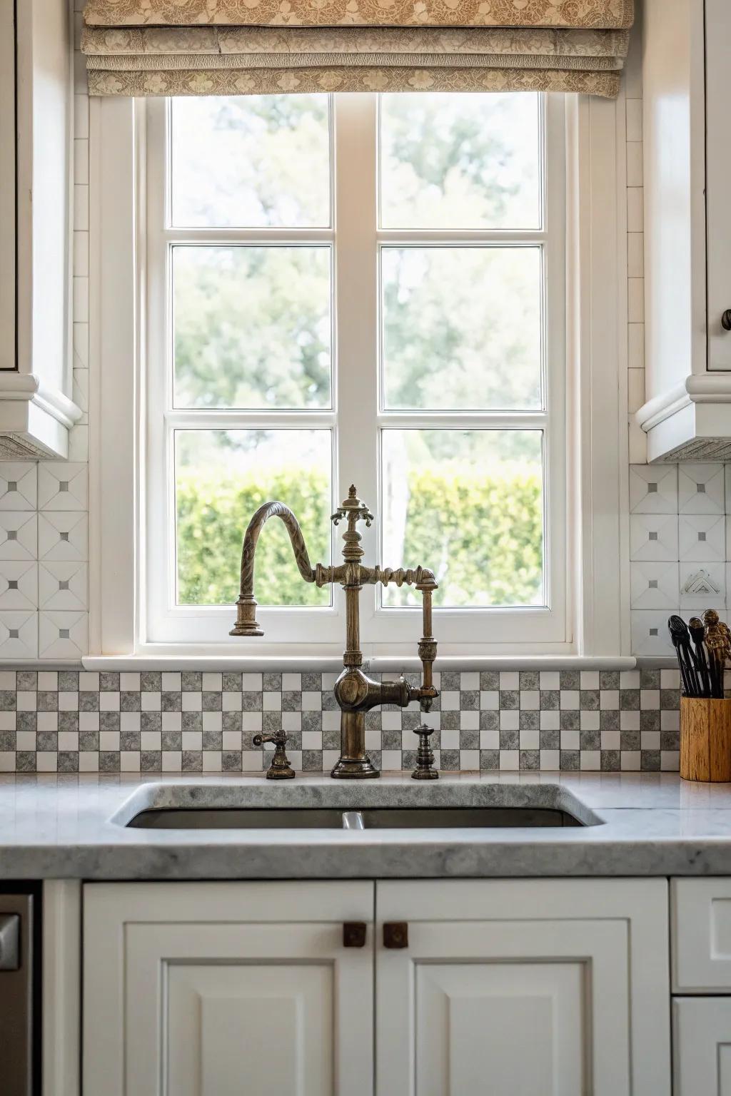 A vintage faucet fixture adds character and focus.