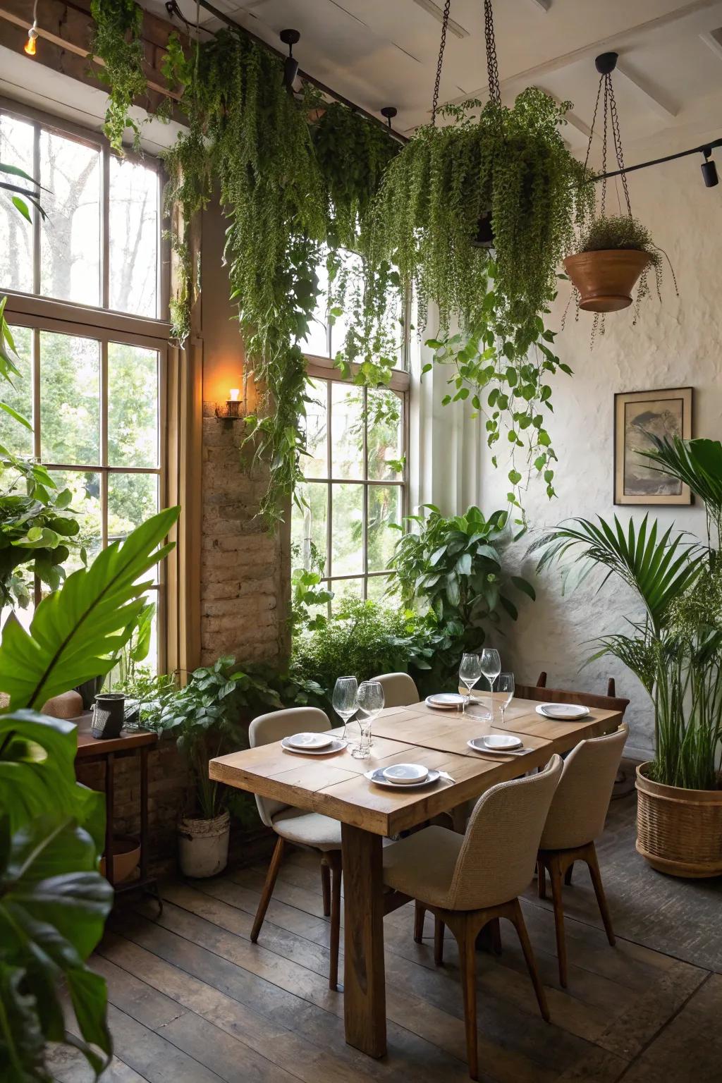 Greenery that enlivens the dining area with a natural touch.