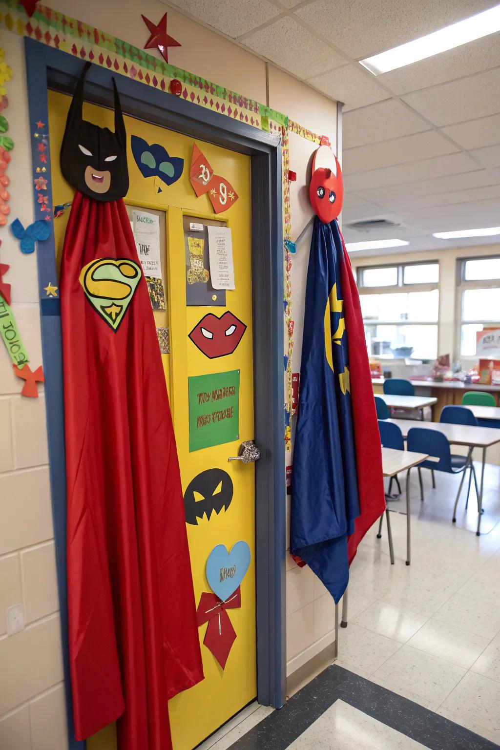 A superhero-themed door encouraging students to be their own heroes.