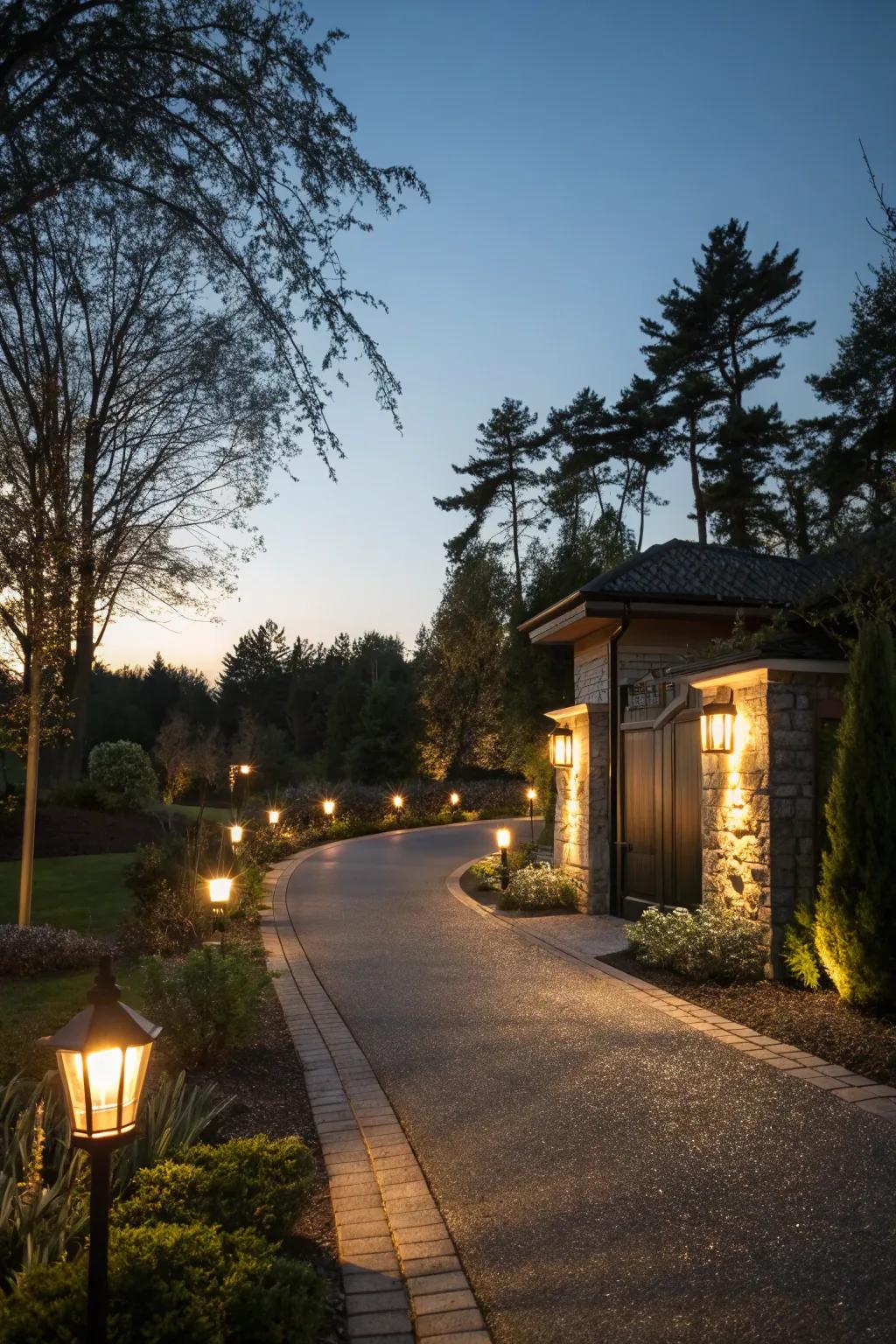 Solar-powered lights create a warm and eco-friendly glow at this entrance.