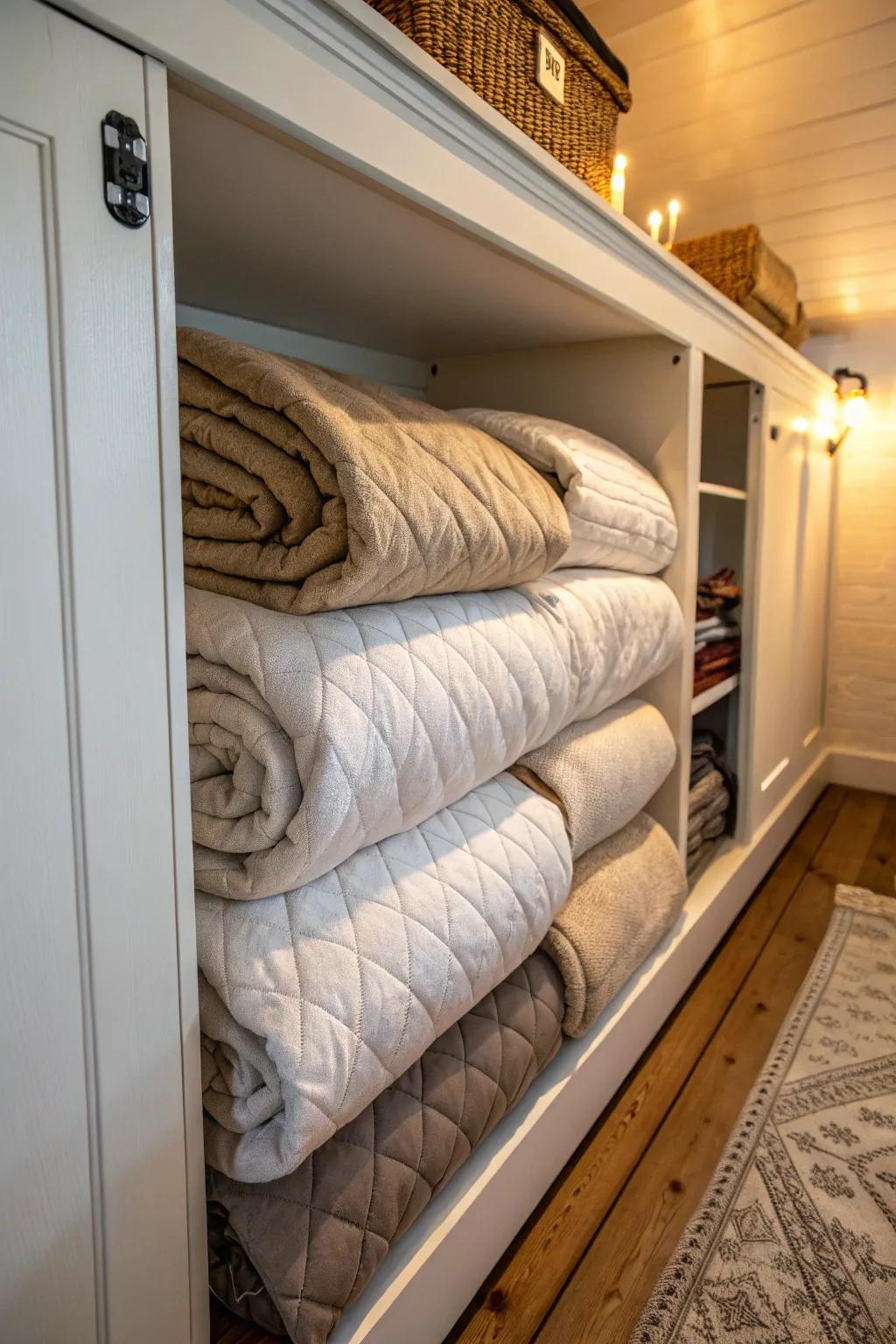 A hidden nook offers a clever storage solution for duvets.