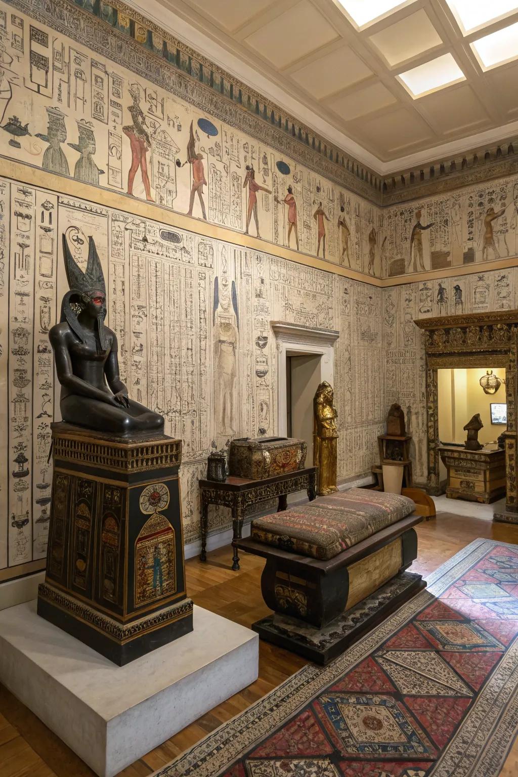 Hieroglyphic wallpaper turns walls into artful displays.