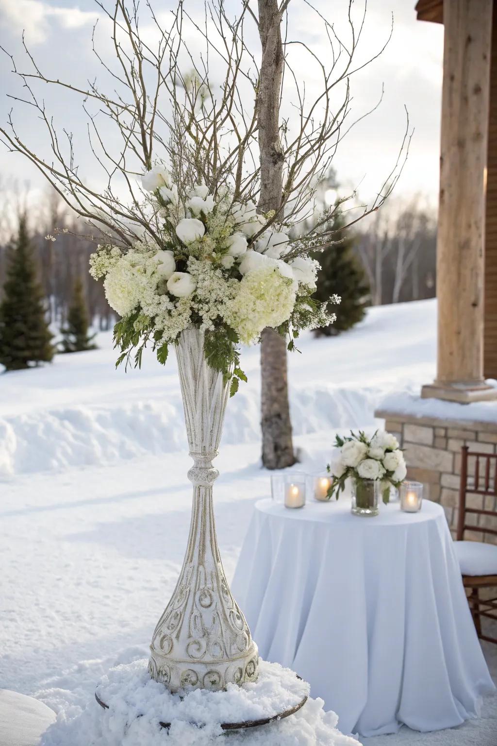 Winter-themed centerpieces create a snowy wonderland