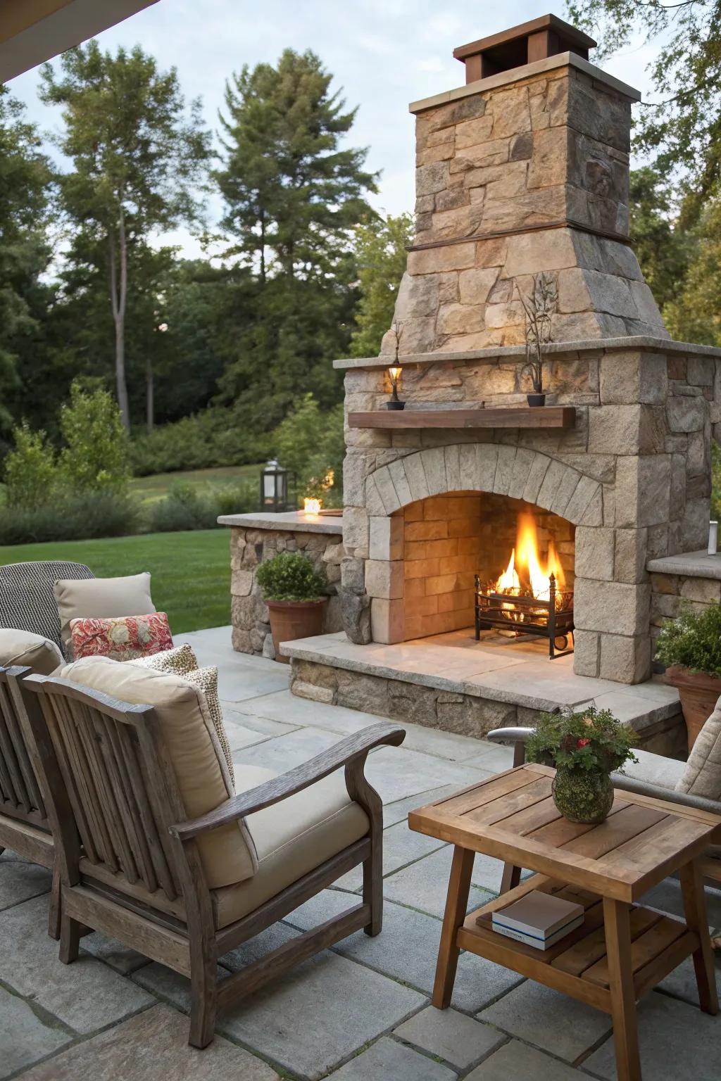 Stone fireplaces become inviting focal points in outdoor spaces.