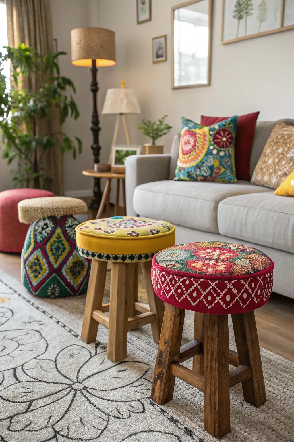 Clustered stools add an artistic flair to seating.