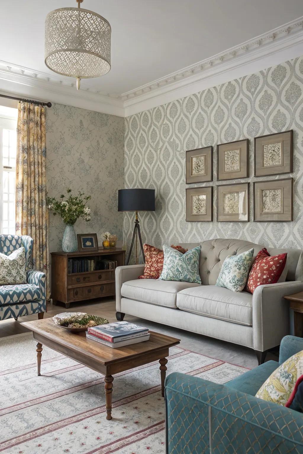 Mixing modern and traditional patterns in fabric wallpaper creates balance.