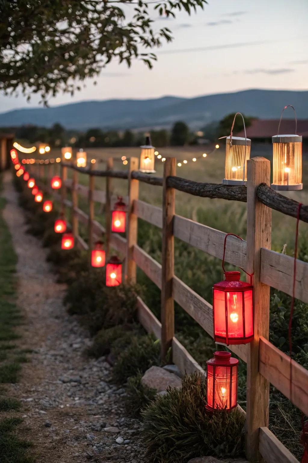 Lanterns filled with candles cast a warm glow on the fence.