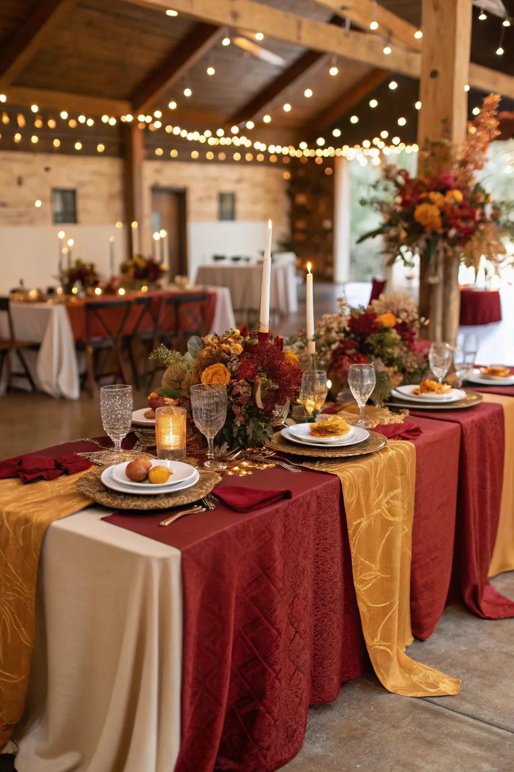 Layered linens in warm tones enhance the elegance of this fall wedding centerpiece.