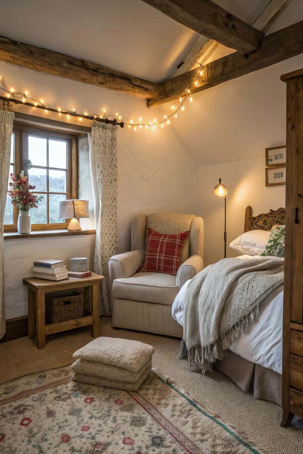 A cozy reading nook invites relaxation and leisure.