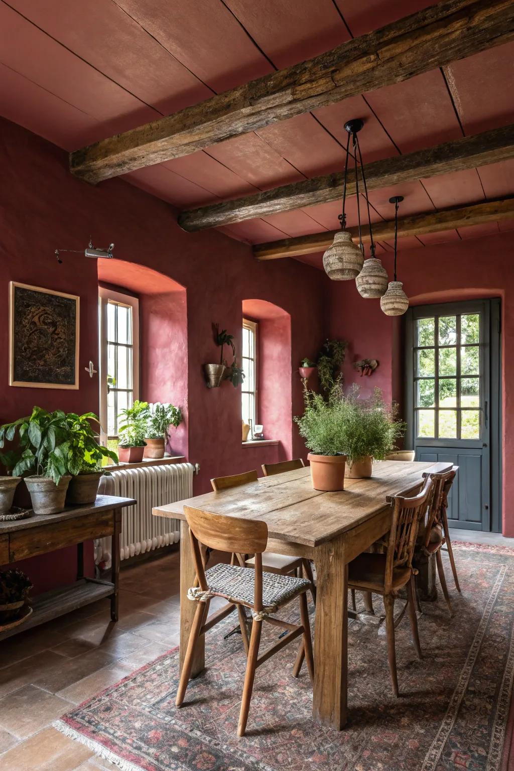 Color drenching creates a dramatic effect in this farmhouse dining room.