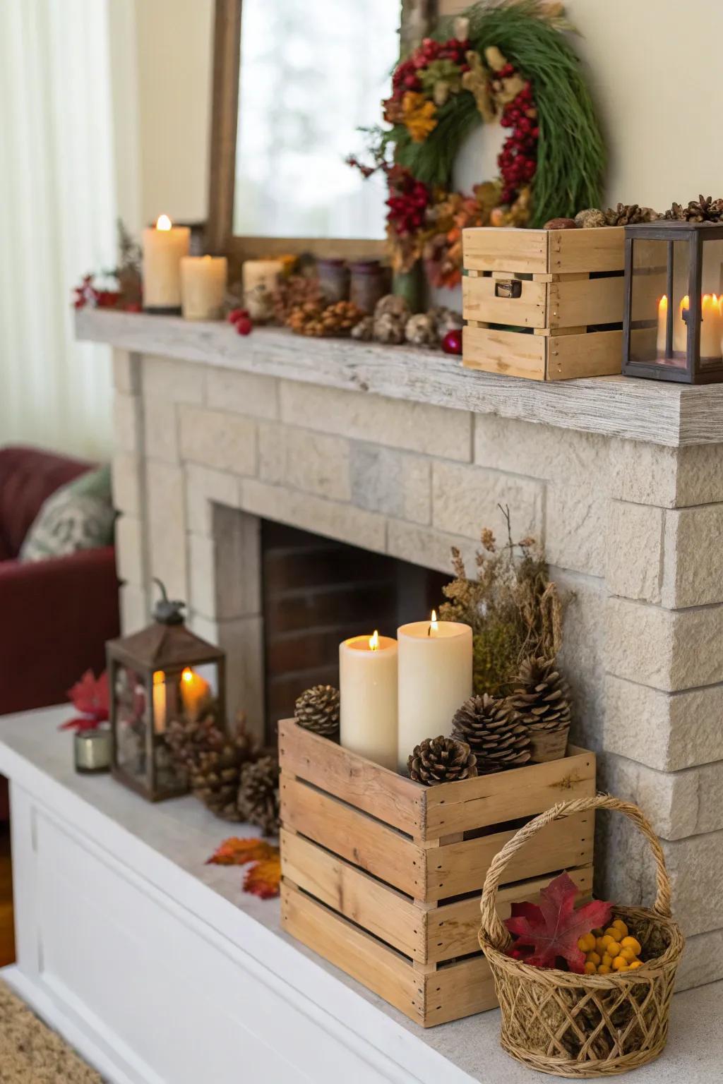 Create a cozy mantel display with crates.